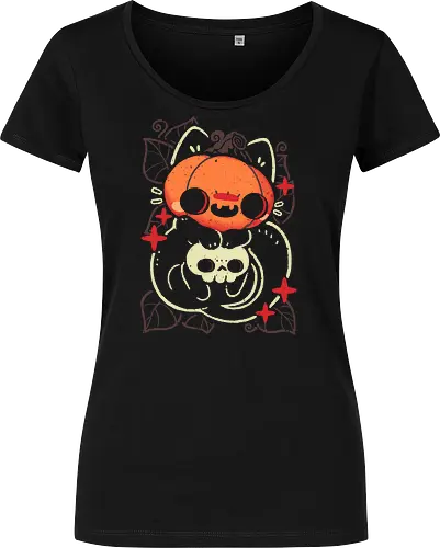 Cute Pumpkin Head Cat - cat pumpkin, pumpkin head, black cat, halloween, spooky cute, creepy cute, jack o lantern, skull, fall, autumn, goth, occult, kawaii, dark, xmorfina - Women T-Shirt