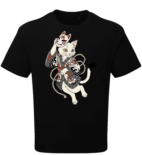 Neko Yokai: The Disguised Spirit - Japanese cat shirt, Yokai spirit graphic tee, Kitsune mask apparel, traditional kimono design, anime cat streetwear, aesthetic otaku fashion, neo traditional tattoo clothing, spooky feline merch, folklore animal tee, Japanese demon mask shirt - Oversize T-Shirt