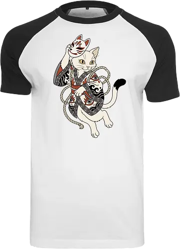 Neko Yokai: The Disguised Spirit - Japanese cat shirt, Yokai spirit graphic tee, Kitsune mask apparel, traditional kimono design, anime cat streetwear, aesthetic otaku fashion, neo traditional tattoo clothing, spooky feline merch, folklore animal tee, Japanese demon mask shirt - Raglan T-Shirt