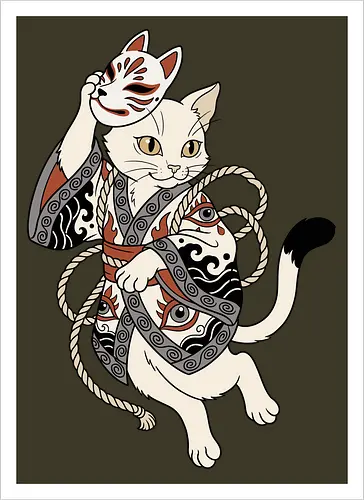 Neko Yokai: The Disguised Spirit - Japanese cat shirt, Yokai spirit graphic tee, Kitsune mask apparel, traditional kimono design, anime cat streetwear, aesthetic otaku fashion, neo traditional tattoo clothing, spooky feline merch, folklore animal tee, Japanese demon mask shirt - Artprint