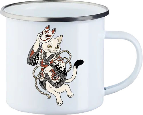 Neko Yokai: The Disguised Spirit - Japanese cat shirt, Yokai spirit graphic tee, Kitsune mask apparel, traditional kimono design, anime cat streetwear, aesthetic otaku fashion, neo traditional tattoo clothing, spooky feline merch, folklore animal tee, Japanese demon mask shirt - Enamel Mug