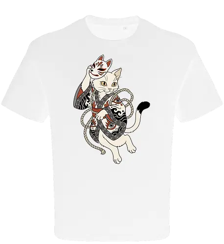 Neko Yokai: The Disguised Spirit - Japanese cat shirt, Yokai spirit graphic tee, Kitsune mask apparel, traditional kimono design, anime cat streetwear, aesthetic otaku fashion, neo traditional tattoo clothing, spooky feline merch, folklore animal tee, Japanese demon mask shirt - Oversize T-Shirt
