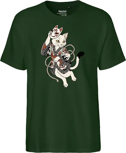 Neko Yokai: The Disguised Spirit - Japanese cat shirt, Yokai spirit graphic tee, Kitsune mask apparel, traditional kimono design, anime cat streetwear, aesthetic otaku fashion, neo traditional tattoo clothing, spooky feline merch, folklore animal tee, Japanese demon mask shirt - Fairtrade T-Shirt