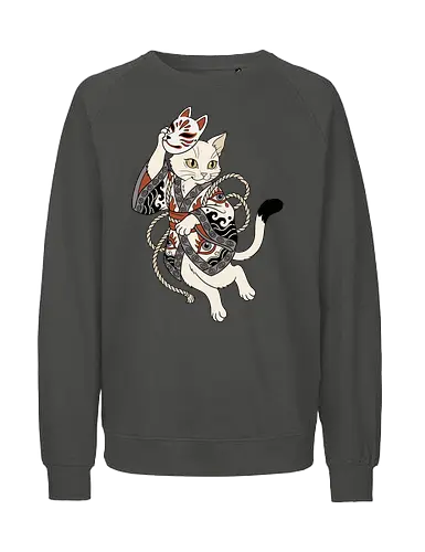 Neko Yokai: The Disguised Spirit - Japanese cat shirt, Yokai spirit graphic tee, Kitsune mask apparel, traditional kimono design, anime cat streetwear, aesthetic otaku fashion, neo traditional tattoo clothing, spooky feline merch, folklore animal tee, Japanese demon mask shirt - Fairtrade Sweatshirt