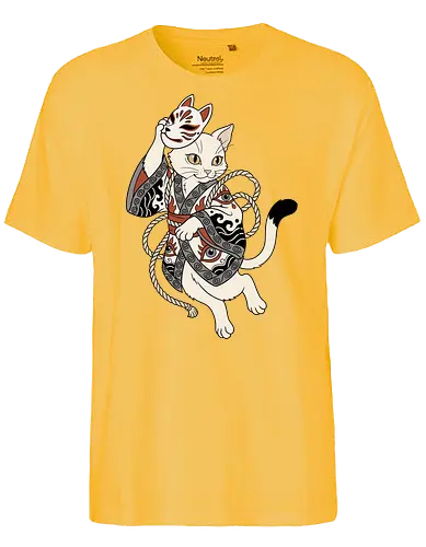 Neko Yokai: The Disguised Spirit - Japanese cat shirt, Yokai spirit graphic tee, Kitsune mask apparel, traditional kimono design, anime cat streetwear, aesthetic otaku fashion, neo traditional tattoo clothing, spooky feline merch, folklore animal tee, Japanese demon mask shirt - Fairtrade T-Shirt