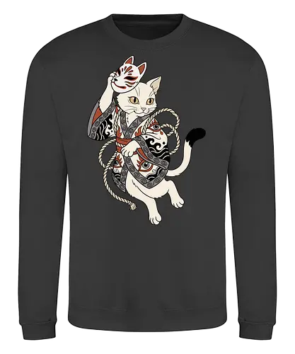Neko Yokai: The Disguised Spirit - Japanese cat shirt, Yokai spirit graphic tee, Kitsune mask apparel, traditional kimono design, anime cat streetwear, aesthetic otaku fashion, neo traditional tattoo clothing, spooky feline merch, folklore animal tee, Japanese demon mask shirt - Sweatshirt