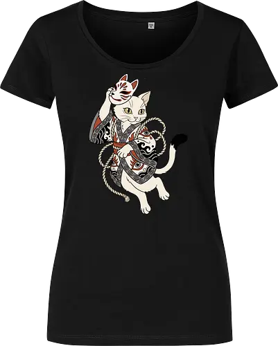 Neko Yokai: The Disguised Spirit - Japanese cat shirt, Yokai spirit graphic tee, Kitsune mask apparel, traditional kimono design, anime cat streetwear, aesthetic otaku fashion, neo traditional tattoo clothing, spooky feline merch, folklore animal tee, Japanese demon mask shirt - Women T-Shirt