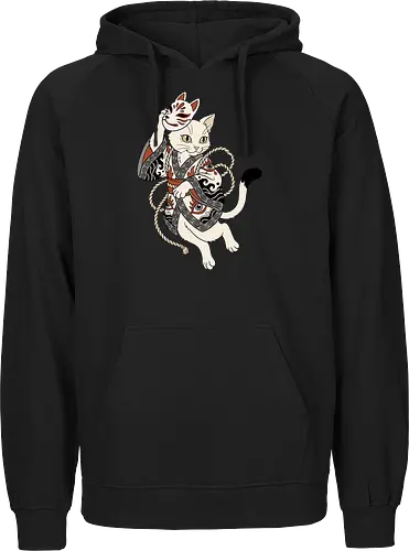 Neko Yokai: The Disguised Spirit - Japanese cat shirt, Yokai spirit graphic tee, Kitsune mask apparel, traditional kimono design, anime cat streetwear, aesthetic otaku fashion, neo traditional tattoo clothing, spooky feline merch, folklore animal tee, Japanese demon mask shirt - Fairtrade Hoodie