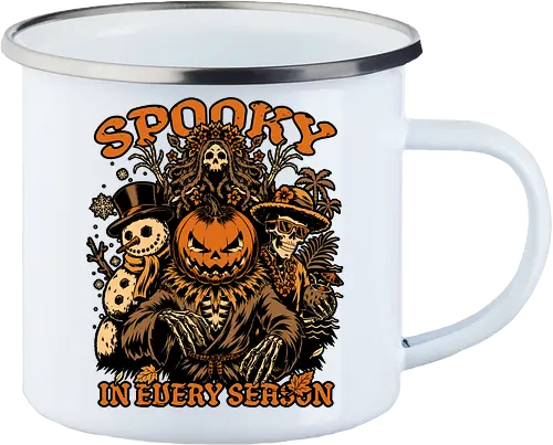 Halloween Spooky Every Season - Halloween, Halloween Design, Fall, Fall Leaves, Fall Vibes, Leaves, Leaf, Tropical Leaves, Winter, Winter Magic, Snowman, Summer, Summertime, Summerween, Summer Humor, Cocktail, Beach, Spring, Spring Season, Spring Vibes, Season, Seasons, Halloween Art, Halloween Aesthetic, Halloween Pumpkin, Halloween Vibes, Spooky, Spooky Season, Creepy, Scary, Scary Art, Pumpkins, Pumpkin, Jack-o-lantern, Jack O Lantern Design, Jack O Lantern, Skeleton, Skull, Dark, Spirit, Horror, Horror Stories, Fright, Magical Creatures, Creature, Scarecrow, Autumn, Autumn Leaves, Autumn Vibes, Autumn Season, Fall Season, Pumpkin Season - Enamel Mug