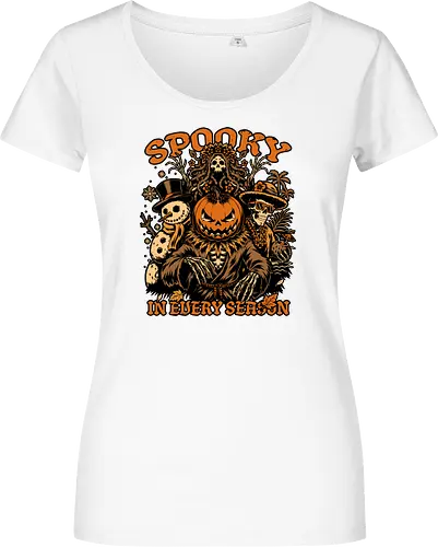 Halloween Spooky Every Season - Halloween, Halloween Design, Fall, Fall Leaves, Fall Vibes, Leaves, Leaf, Tropical Leaves, Winter, Winter Magic, Snowman, Summer, Summertime, Summerween, Summer Humor, Cocktail, Beach, Spring, Spring Season, Spring Vibes, Season, Seasons, Halloween Art, Halloween Aesthetic, Halloween Pumpkin, Halloween Vibes, Spooky, Spooky Season, Creepy, Scary, Scary Art, Pumpkins, Pumpkin, Jack-o-lantern, Jack O Lantern Design, Jack O Lantern, Skeleton, Skull, Dark, Spirit, Horror, Horror Stories, Fright, Magical Creatures, Creature, Scarecrow, Autumn, Autumn Leaves, Autumn Vibes, Autumn Season, Fall Season, Pumpkin Season - Women T-Shirt