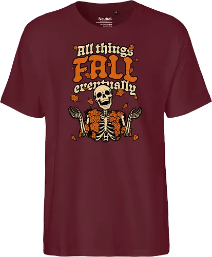 Skeleton Autumn Leaves - Halloween, Halloween Design, Halloween Art, Halloween Aesthetic, Halloween Pumpkin, Halloween Vibes, Spooky, Spooky Season, Creepy, Scary, Scary Art, Pumpkins, Pumpkin, Skeleton, Skull, Dark, Horror, Horror Stories, Fright, Creature, Autumn, Autumn Leaves, Autumn Vibes, Autumn Season, Fall, Fall Leaves, Fall Vibes, Leaves, Leaf, Pumpkin Season, Fun, Funny, Dark Humor, Humor, Sarcastic, Sarcasm, Irony, Dread, Existential Dread. Laugh, Laughing, Nihilist Humor, Nihilist, Relatable, Pain - Fairtrade T-Shirt