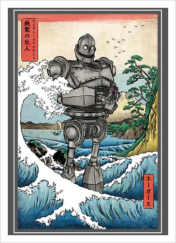 Hogarth and the Iron Giant in Japan - anime, manga, japan, japanese art, retro, vintage, iron giant, film, great wave off kanagawa wave, hokusai - Artprint