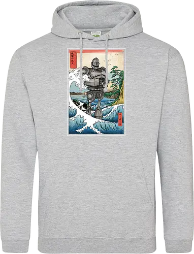Hogarth and the Iron Giant in Japan - anime, manga, japan, japanese art, retro, vintage, iron giant, film, great wave off kanagawa wave, hokusai - Standard Hoodie