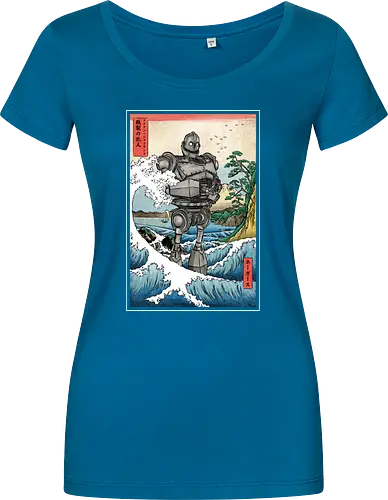 Hogarth and the Iron Giant in Japan - anime, manga, japan, japanese art, retro, vintage, iron giant, film, great wave off kanagawa wave, hokusai - Women T-Shirt