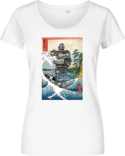 Hogarth and the Iron Giant in Japan - anime, manga, japan, japanese art, retro, vintage, iron giant, film, great wave off kanagawa wave, hokusai - Women T-Shirt