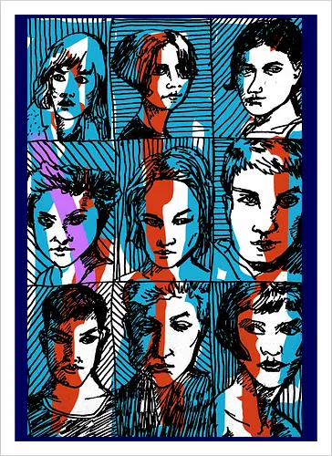 Glitches Faces. Cyberpunk 3D Effect T shirt - sketches, Frauen, expressiv, women, streetwear graphic, artsy shirt, linocut art, Holzschnitt, handmade aesthetic, urban wear, illustration, graphic tee, artistic tee, indie ästhetik, boho vibe - Artprint