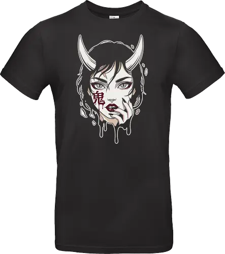Phantom Oni: The Dripping Yokai - Oni girl shirt, Japanese demon graphic tee, dark anime streetwear, Yokai spirit apparel, goth anime clothing, melting anime face design, horned demon girl, aesthetic kanji shirt, dark fantasy fashion, alternative otaku streetwear - Standard T-Shirt