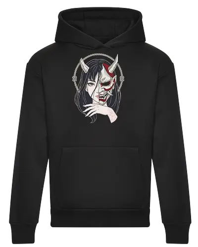 Duality of the Yokai: Hannya Girl - Hannya mask shirt, Japanese demon girl tee, neo traditional tattoo apparel, Yokai folklore streetwear, split face graphic design, dark aesthetic anime clothing, Irezumi tattoo merch, Oni mask fashion, alternative Japanese streetwear, demon princess shirt - Heavyweight Hoodie