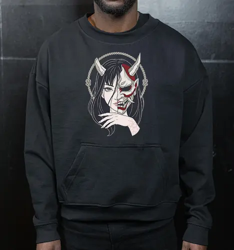 Duality of the Yokai: Hannya Girl - Hannya mask shirt, Japanese demon girl tee, neo traditional tattoo apparel, Yokai folklore streetwear, split face graphic design, dark aesthetic anime clothing, Irezumi tattoo merch, Oni mask fashion, alternative Japanese streetwear, demon princess shirt - Cropped Sweatshirt