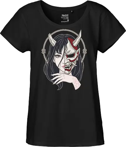Duality of the Yokai: Hannya Girl - Hannya mask shirt, Japanese demon girl tee, neo traditional tattoo apparel, Yokai folklore streetwear, split face graphic design, dark aesthetic anime clothing, Irezumi tattoo merch, Oni mask fashion, alternative Japanese streetwear, demon princess shirt - Fairtrade Girl Shirt