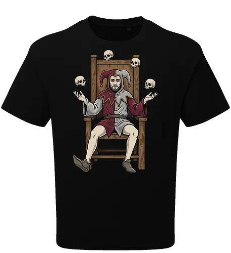 Court of the Macabre: The Juggling Jester - juggling skulls graphic tee, medieval gothic apparel, dark fantasy streetwear, macabre harlequin design, tarot aesthetic clothing, occult graphic fashion, vintage woodcut art shirt, creepy clown merch, alternative indie tee, dark jester shirt - Oversize T-Shirt
