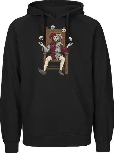 Court of the Macabre: The Juggling Jester - juggling skulls graphic tee, medieval gothic apparel, dark fantasy streetwear, macabre harlequin design, tarot aesthetic clothing, occult graphic fashion, vintage woodcut art shirt, creepy clown merch, alternative indie tee, dark jester shirt - Fairtrade Hoodie