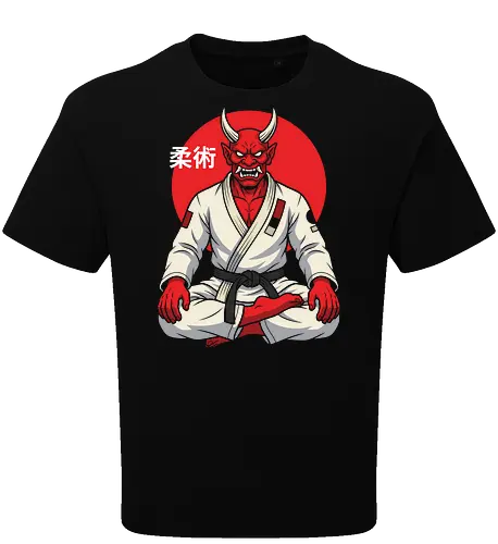 Demon on the Mat: The Jiu-Jitsu Oni - BJJ shirt, Jiu Jitsu graphic tee, Oni demon apparel, martial arts streetwear, Japanese folklore design, black belt clothing, red demon ninja shirt, neo traditional tattoo fashion, MMA workout tee, aesthetic warrior merch - Oversize T-Shirt