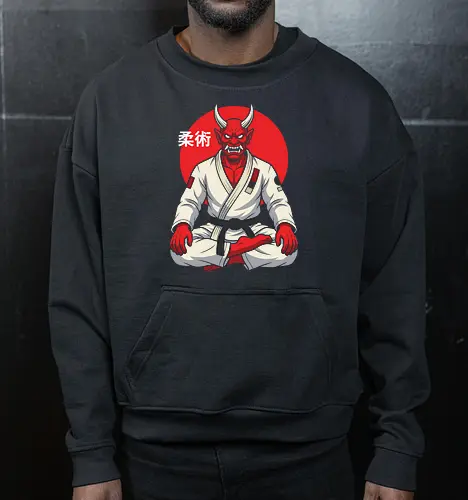 Demon on the Mat: The Jiu-Jitsu Oni - BJJ shirt, Jiu Jitsu graphic tee, Oni demon apparel, martial arts streetwear, Japanese folklore design, black belt clothing, red demon ninja shirt, neo traditional tattoo fashion, MMA workout tee, aesthetic warrior merch - Cropped Sweatshirt