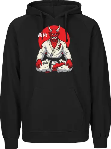 Demon on the Mat: The Jiu-Jitsu Oni - BJJ shirt, Jiu Jitsu graphic tee, Oni demon apparel, martial arts streetwear, Japanese folklore design, black belt clothing, red demon ninja shirt, neo traditional tattoo fashion, MMA workout tee, aesthetic warrior merch - Fairtrade Hoodie