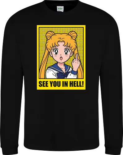 Magical Menace: The Unforgiving Princess - Sailor Moon parody shirt, funny anime graphic tee, middle finger apparel, edgy magical girl streetwear, sarcastic 90s anime clothing, pop art manga design, dark humor aesthetic, cute but psycho shirt, ironic otaku fashion, Usagi Tsukino meme merch - Sweatshirt