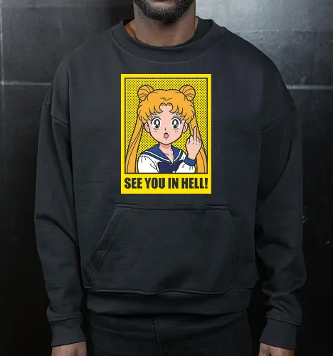 Magical Menace: The Unforgiving Princess - Sailor Moon parody shirt, funny anime graphic tee, middle finger apparel, edgy magical girl streetwear, sarcastic 90s anime clothing, pop art manga design, dark humor aesthetic, cute but psycho shirt, ironic otaku fashion, Usagi Tsukino meme merch - Cropped Sweatshirt