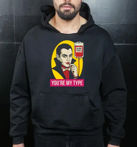 Vampire's Choice: You're My Type - funny vampire shirt, Dracula graphic tee, retro horror movie apparel, spooky valentine design, dark humor streetwear, blood bag graphic, vintage pop art clothing, youre my type pun, gothic aesthetic fashion, classic monster merch - Cropped Hoodie