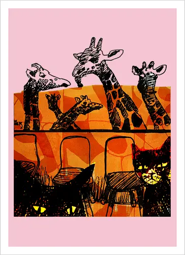 Safari Noir - Giraffen und Katzen - Katzen, Katze, Giraffe, Giraffen, streetwear graphic, artsy Giraffe shirt, linocut art, Holzschnitt, handmade aesthetic, urban wear, illustration, graphic tee, artsy shirt, artistic tee, indie ästhetik, boho vibe - Artprint