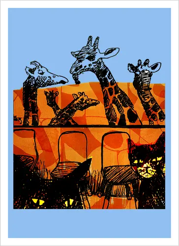 Safari Noir - Giraffen und Katzen - Katzen, Katze, Giraffe, Giraffen, streetwear graphic, artsy Giraffe shirt, linocut art, Holzschnitt, handmade aesthetic, urban wear, illustration, graphic tee, artsy shirt, artistic tee, indie ästhetik, boho vibe - Artprint