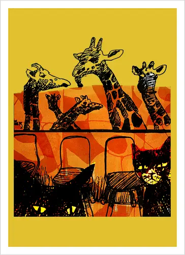 Safari Noir - Giraffen und Katzen - Katzen, Katze, Giraffe, Giraffen, streetwear graphic, artsy Giraffe shirt, linocut art, Holzschnitt, handmade aesthetic, urban wear, illustration, graphic tee, artsy shirt, artistic tee, indie ästhetik, boho vibe - Artprint