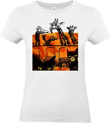 Safari Noir - Giraffen und Katzen - Katzen, Katze, Giraffe, Giraffen, streetwear graphic, artsy Giraffe shirt, linocut art, Holzschnitt, handmade aesthetic, urban wear, illustration, graphic tee, artsy shirt, artistic tee, indie ästhetik, boho vibe - Standard T-Shirt (Women)