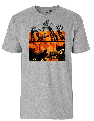 Safari Noir - Giraffen und Katzen - Katzen, Katze, Giraffe, Giraffen, streetwear graphic, artsy Giraffe shirt, linocut art, Holzschnitt, handmade aesthetic, urban wear, illustration, graphic tee, artsy shirt, artistic tee, indie ästhetik, boho vibe - Fairtrade T-Shirt
