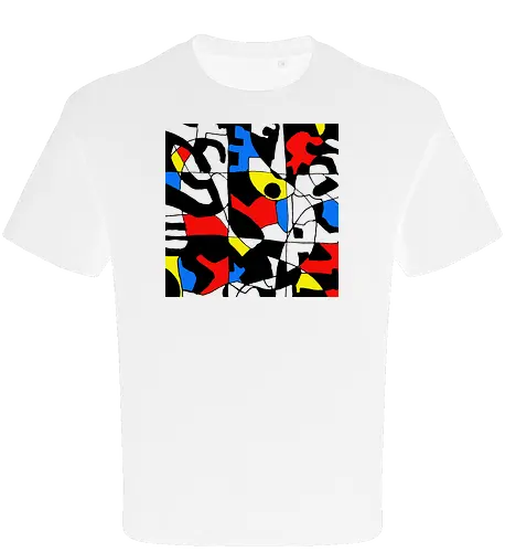 Primary Chaos. Abstraktes Pop-Art-Grafik-T-Shirt - graphic square, streetwear graphic, artsy shirt, linocut art, Holzschnitt, handmade aesthetic, urban wear, illustration, graphic tee, artistic tee, indie ästhetik, boho vibe, pop art, modern art, expressionism, abstract expresionism, geometric vibe, fine art, avantgarde, primary colors, bold lines - Oversize T-Shirt