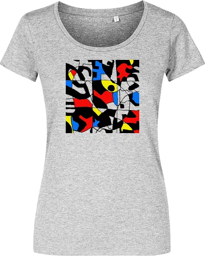 Primary Chaos. Abstraktes Pop-Art-Grafik-T-Shirt - graphic square, streetwear graphic, artsy shirt, linocut art, Holzschnitt, handmade aesthetic, urban wear, illustration, graphic tee, artistic tee, indie ästhetik, boho vibe, pop art, modern art, expressionism, abstract expresionism, geometric vibe, fine art, avantgarde, primary colors, bold lines - Women T-Shirt