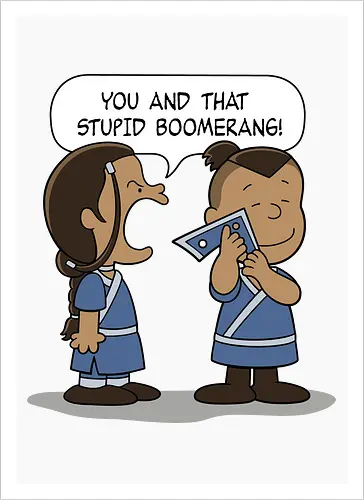 Geschwister im Streit im Retro-Comic-Stil - streitende Geschwister, Retro-Comicstrip, minimalistische Strichzeichnung, Aang, bumerangue, nostalgischer Cartoon, geliebtes Objekt, komischer Streit, Vintage-Cartoon-Stil, Sokka, Katara, Peanuts, Charlie Brown, Linus, mashup geek, Nickelodeon, Figur umarmt Objekt, Familienhumor, einfache Illustration, klassischer Comicstrip, Comic-Panel-Szene, übertriebener Ausdruck, blaues Outfit, komisches Duo - Artprint