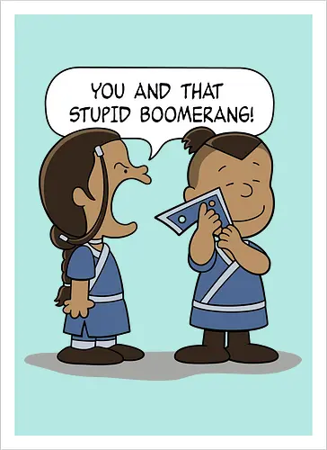 Geschwister im Streit im Retro-Comic-Stil - streitende Geschwister, Retro-Comicstrip, minimalistische Strichzeichnung, Aang, bumerangue, nostalgischer Cartoon, geliebtes Objekt, komischer Streit, Vintage-Cartoon-Stil, Sokka, Katara, Peanuts, Charlie Brown, Linus, mashup geek, Nickelodeon, Figur umarmt Objekt, Familienhumor, einfache Illustration, klassischer Comicstrip, Comic-Panel-Szene, übertriebener Ausdruck, blaues Outfit, komisches Duo - Artprint