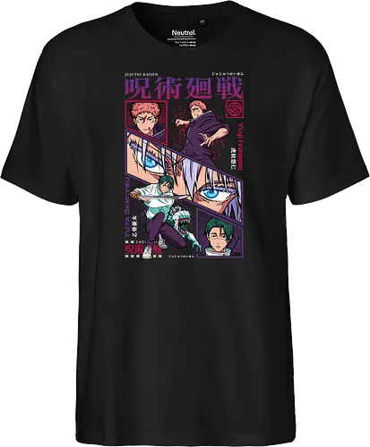 Yuta vs Itadori Cursed Rivals JJK - Yuta Okkotsu, Yuji Itadori, Jujutsu, rivals clash, panel grid style, manga art, anime gift idea, shonen showdown - Fairtrade T-Shirt