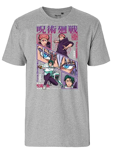 Yuta vs Itadori Cursed Rivals JJK - Yuta Okkotsu, Yuji Itadori, Jujutsu, rivals clash, panel grid style, manga art, anime gift idea, shonen showdown - Fairtrade T-Shirt