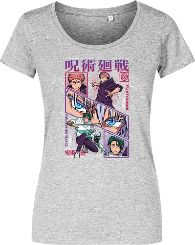 Yuta vs Itadori Cursed Rivals JJK - Yuta Okkotsu, Yuji Itadori, Jujutsu, rivals clash, panel grid style, manga art, anime gift idea, shonen showdown - Women T-Shirt
