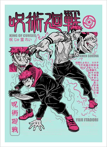 Itadori and Sukuna King of Curses - Sukuna, Yuji Itadori, dark fantasy, jujutsu kaisen art, anime otaku, villain energy, pink aesthetic, shonen battle - Artprint