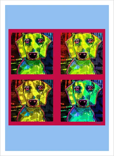4Dackel Retro Warhol - Pop Art, Street Art, Andy Warhol Style, Neon Art, Bunt, Psychedelisch, Retro, Comic Style, Dackel, Dachshund, Hund, Weimaraner, Jagdhund, Dog, Hundekopf, Haustier, Vierbeiner - Artprint