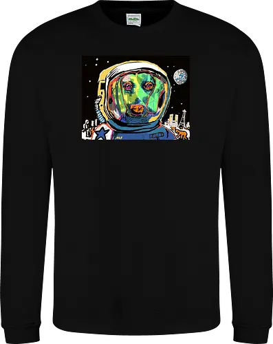 Astro-Doxie: Major Tom der Dackel - dackel, teckel, dachshund, astronaut, weltraum, space, kosmonaut, pop art, psychedelisch, trippy, neon, bunt, retro, illustration, sci-fi, hundemotiv, geekwear, major tom, laika, tier, comic, kunst - Sweatshirt