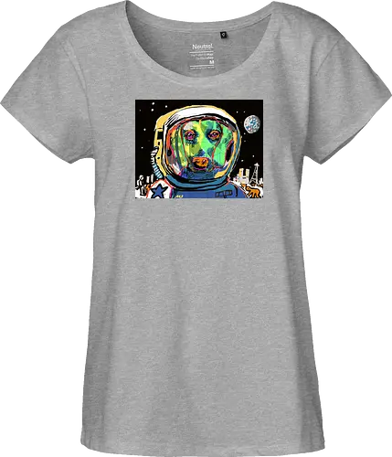 Astro-Doxie: Major Tom der Dackel - dackel, teckel, dachshund, astronaut, weltraum, space, kosmonaut, pop art, psychedelisch, trippy, neon, bunt, retro, illustration, sci-fi, hundemotiv, geekwear, major tom, laika, tier, comic, kunst - Fairtrade Girl Shirt