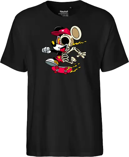 Skelett-Skater-Maus – Neon Streetwear Horror Cartoon Kunst - Pop Art Skate Horror, Maus Charakter Horror, Cartoon Skelett Streetwear, Skelett Skate Maus, Cartoon Horror Streetwear, rote Mütze Skelett, hypnotisches Auge Cartoon, Underground Skate Horror Kunst, schmelzende Neon Maus, Mickey Mouse horror, Mickey Mouse skeleton, Disney skate art, Mickey Mouse freaky, Disney horror geek, Geek Skate Horror Druck, Zombie Cartoon Skater, blauer Hintergrund Cartoon Horror, alternative Skate Kunst, dunkler urbaner Skate Cartoon, urbaner Neon Horror Druck - Fairtrade T-Shirt