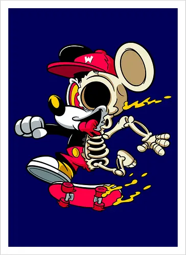Skelett-Skater-Maus – Neon Streetwear Horror Cartoon Kunst - Pop Art Skate Horror, Maus Charakter Horror, Cartoon Skelett Streetwear, Skelett Skate Maus, Cartoon Horror Streetwear, rote Mütze Skelett, hypnotisches Auge Cartoon, Underground Skate Horror Kunst, schmelzende Neon Maus, Mickey Mouse horror, Mickey Mouse skeleton, Disney skate art, Mickey Mouse freaky, Disney horror geek, Geek Skate Horror Druck, Zombie Cartoon Skater, blauer Hintergrund Cartoon Horror, alternative Skate Kunst, dunkler urbaner Skate Cartoon, urbaner Neon Horror Druck - Artprint